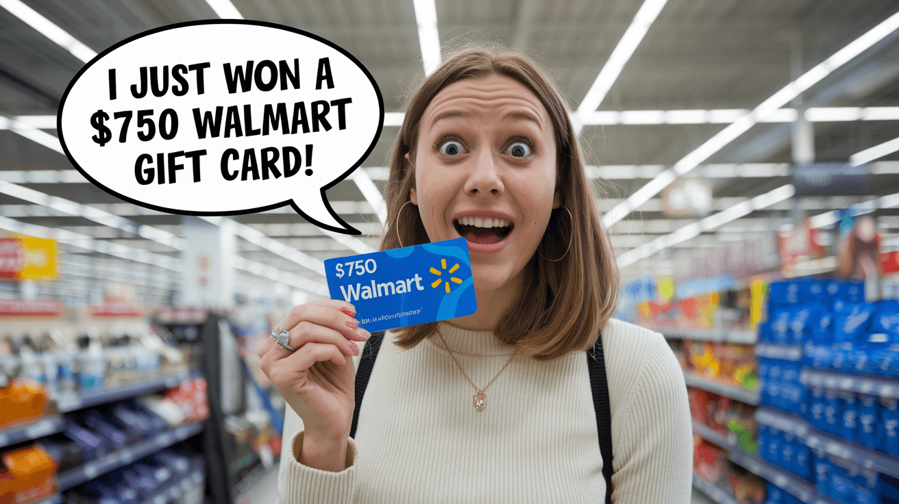 A photo of a woman with a surprised expression holding a $750 Walmart gift card. She has a speech bubble above her head saying "I just won a $750 Walmart gift card!". The background contains various products in a Walmart store.