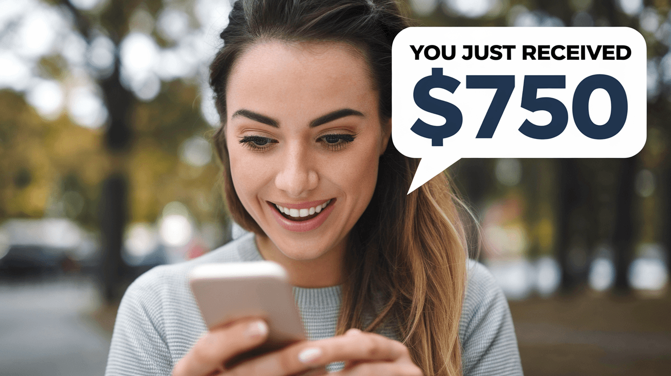 A photo of a woman with her eyes wide open and a smile on her face, looking at her phone. There's a simulated text message bubble above her head that says "You just received $750!" with the "$750" emphasized in bold. The background is blurred and consists of trees.